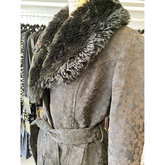 vintage y2k coat black brocade faux fur collar medium 1960s style gothic jacket - Picture 6 of 11
